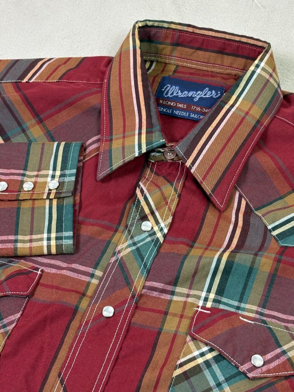 Vintage Wrangler X-long tail Red Plaid L/S  17x 35 Pearl Snap Western Cowboy